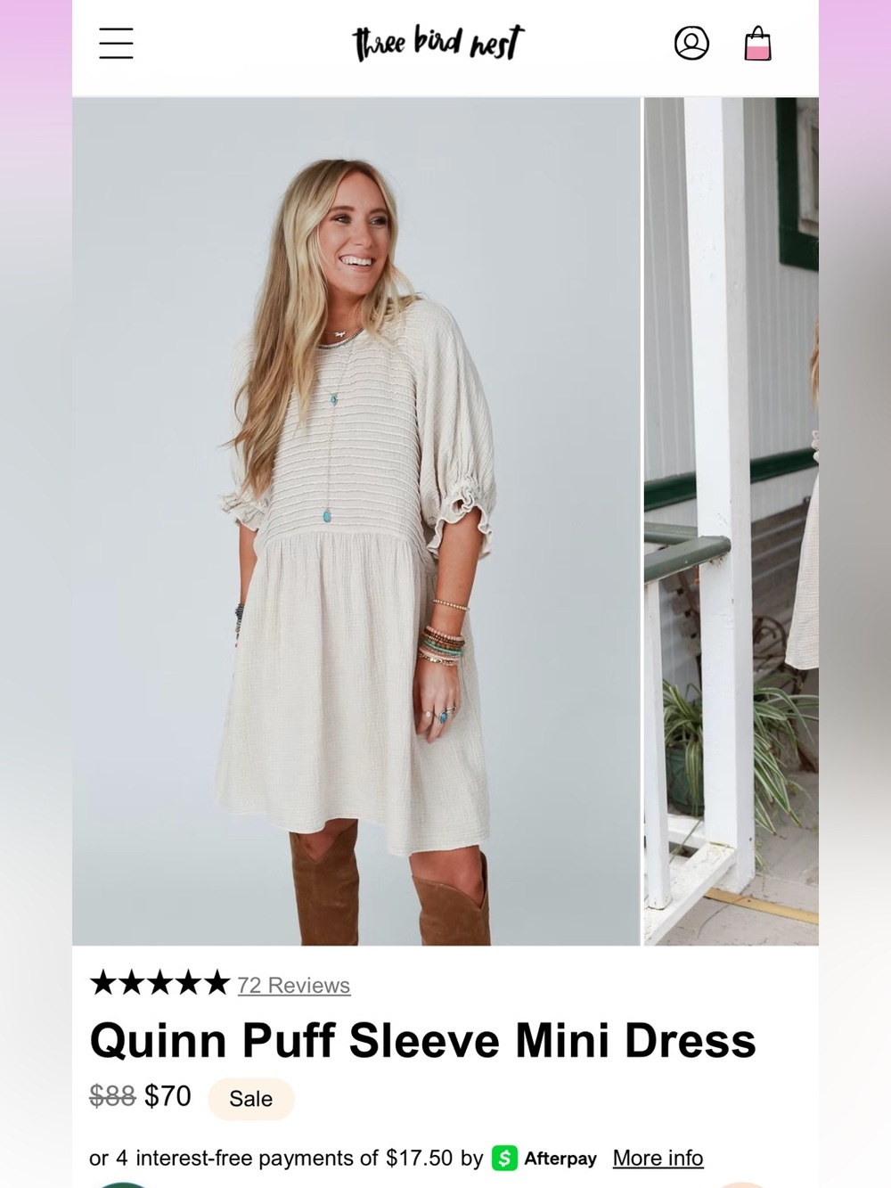 Three Bird Nest Quinn Puff Sleeve Mini Dress in Cream